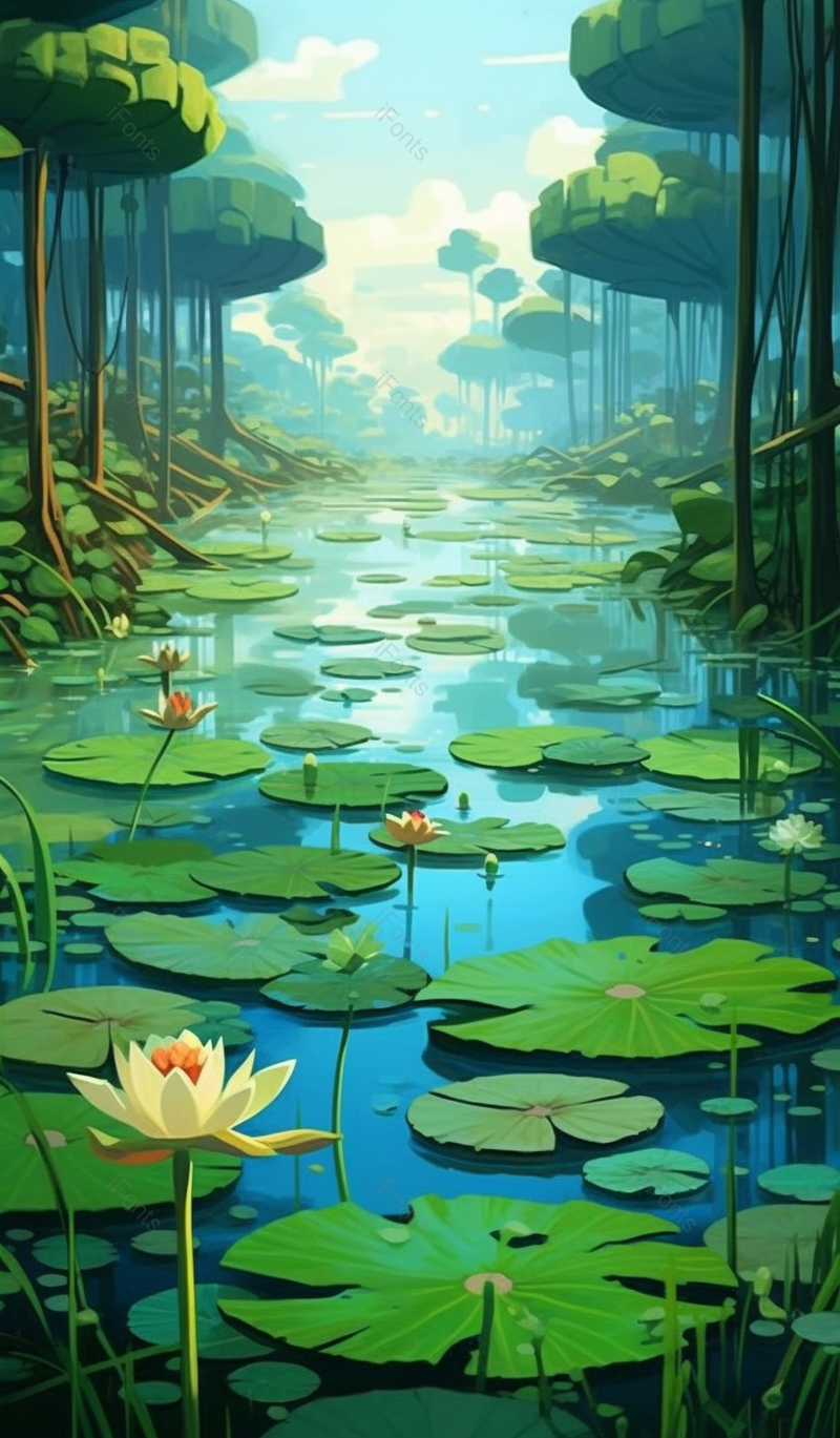 绿色夏至池塘的风景唯美清新插画背景,插画/手绘图,插画/手绘图库,插画/手绘图下载,插画/手绘